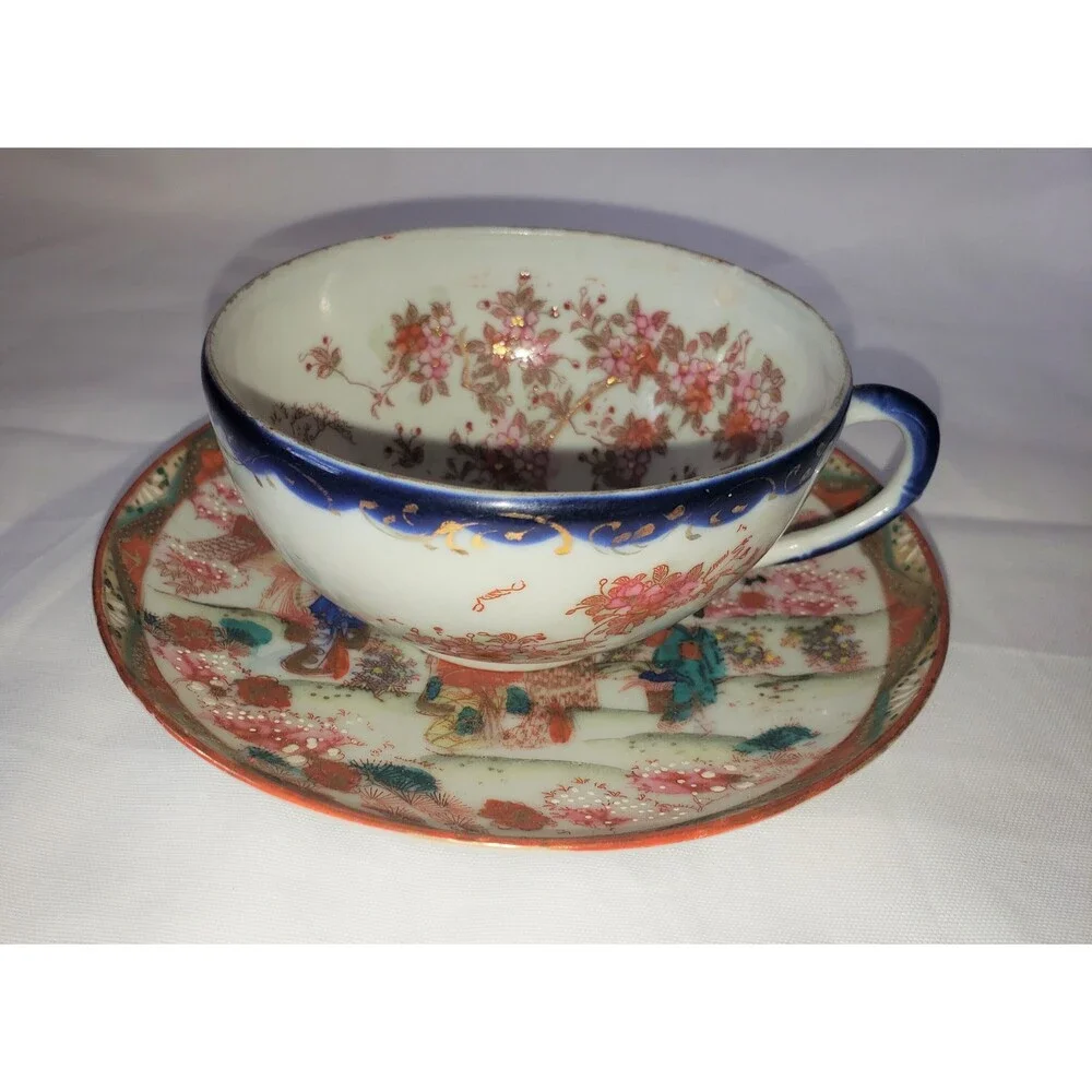 Hand Painted Moriage Vintage Geisha Teacup & Saucer Japan 1950s Vintage Japan